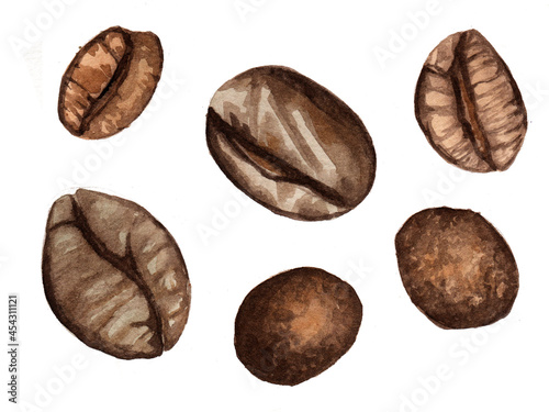 Watercolor coffee seeds clipart. Morning drink tasty and invigorating cappuccino. Brown objects, isolated on white background. Raster stock illustration in realism.
