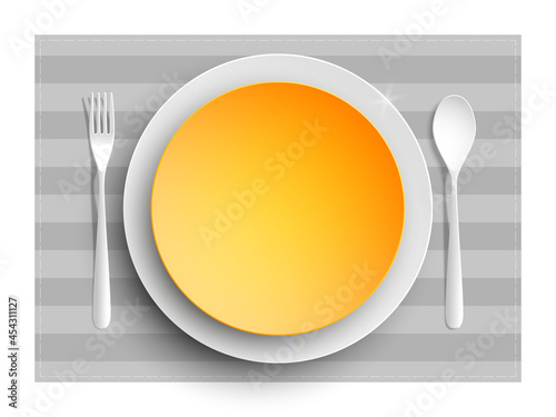 Plate, spoon and fork isolated on napkin background. Canteen icon. dining room badge. buffet icon. Here you can eat picture. Fast food restaurant badge. illustration