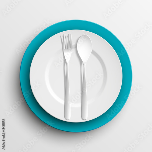 Plate, spoon and fork isolated on napkin background. Canteen icon. dining room badge. buffet icon. Here you can eat picture. Fast food restaurant badge. illustration
