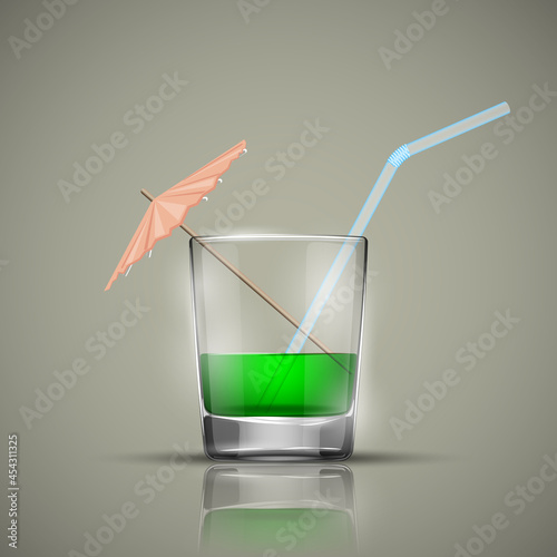 Glass cold drink alcohol & straw. Bright soda & umbrella. A glass of lemonade or fruit juice with umbrella. Cold iced tea. Bar with a glass of cocktail fizzy water with straw