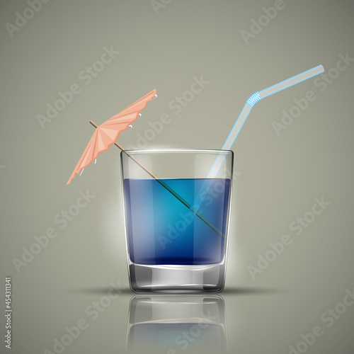 Glass cold drink alcohol & straw. Bright soda & umbrella. A glass of lemonade or fruit juice with umbrella. Cold iced tea. Bar with a glass of cocktail fizzy water with straw