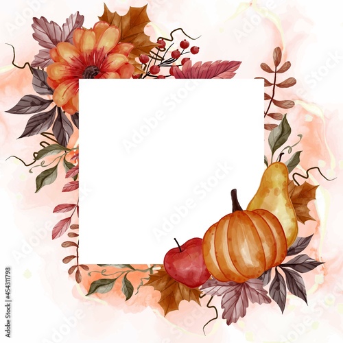 autumn fall leaf, pumpkin, pear, and apple for background floral frame