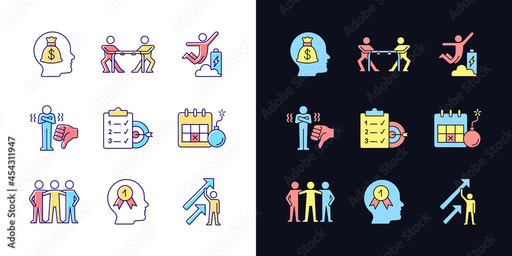 Motivation stimulus light and dark theme RGB color icons set. Money reward. Positive dynamics. Team member. Isolated vector illustrations on white and black space. Simple filled line drawings pack Motivation stimulus light and dark theme RGB color icons set. Money reward. Positive dynamics. Team member. Isolated vector illustrations on white and black space. Simple filled line drawings pack