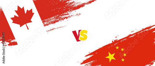 Creative Canada vs China brush flag illustration. Artistic brush style two country flags relationship background