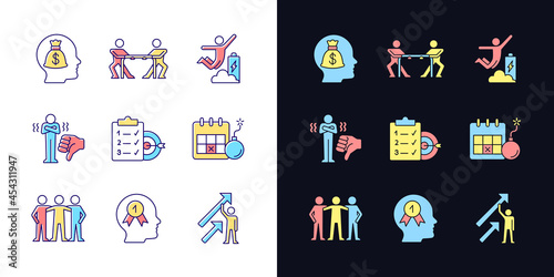 Motivation stimulus light and dark theme RGB color icons set. Money reward. Positive dynamics. Team member. Isolated vector illustrations on white and black space. Simple filled line drawings pack