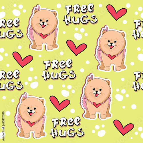 Beautiful stickers little spitz dogs girl in a skirt seamless pattern on a yellow background. Vector cartoon illustration for kids t-shirt design
