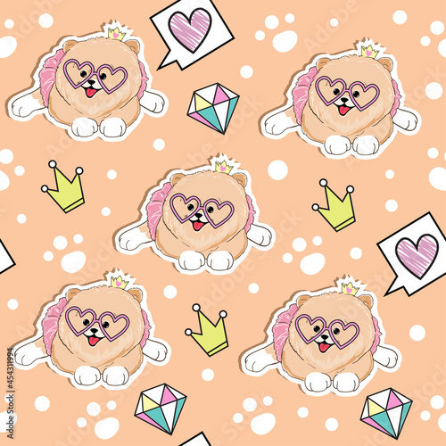 Beautiful stickers little spitz dogs girl seamless pattern. Vector cartoon illustration for kids t-shirt design
