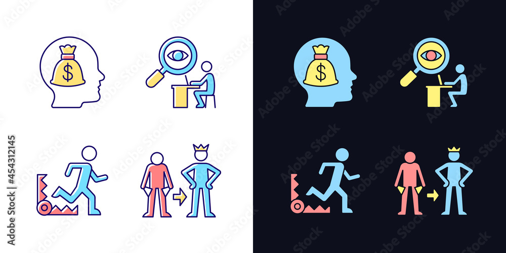 Extrinsic motivation light and dark theme RGB color icons set. Money reward booster. Desire to change self. Isolated vector illustrations on white and black space. Simple filled line drawings pack