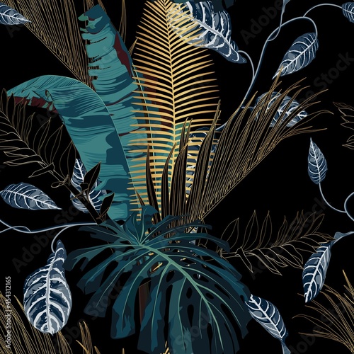 Tropical night vintage palm, banana, plant, golden leaves, floral seamless border black background. Exotic dark jungle wallpaper.