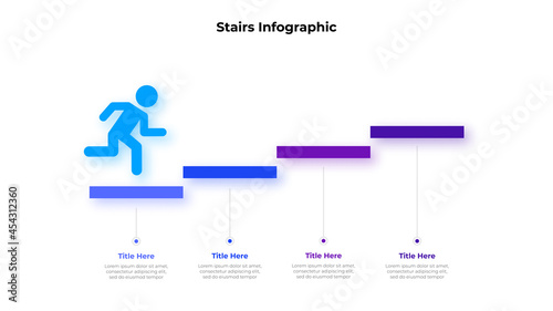 Infographic illustration with a man climbing the stairs. Progress diagram with 4 elements. Concept of four levels of professional growth or hierarchy