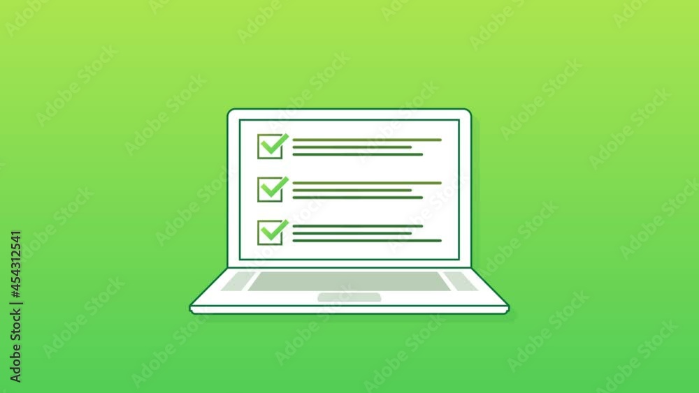 Checklist browser window. Check mark. White tick on laptop screen. Choice, survey concepts. Motion graphics Checklist browser window. Check mark. White tick on laptop screen. Choice, survey concepts. Motion graphics