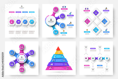 Nine slides with infographics elements for business presentation. Vector info graphic design templates. Concept with 4, 5 and 6 options, parts or steps