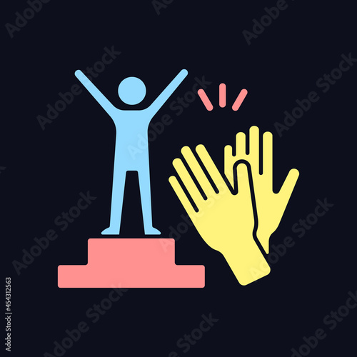 Recognition and approval motivation RGB color icon for dark theme. Seeking for praise. Employee engagement. Isolated vector illustration on night mode background. Simple filled line drawing on black