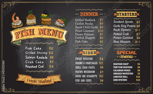 Fish chalk menu blackboard vector template with dinner