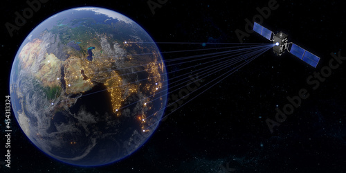 Fototapeta Naklejka Na Ścianę i Meble -  communication satellite worldwide satellite transmission 3D illustration