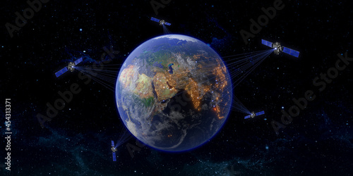 Fototapeta Naklejka Na Ścianę i Meble -  communication satellite worldwide satellite transmission 3D illustration