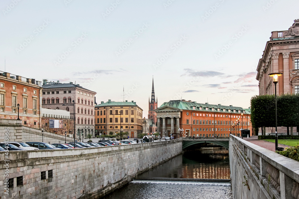 cityscape with old building at riverside at Stockholm royal palace