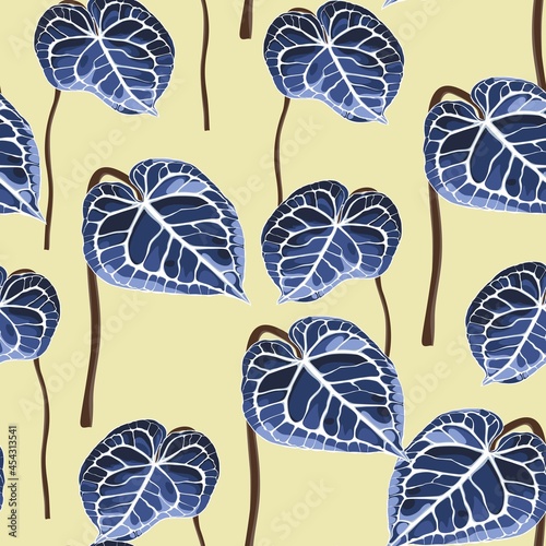 Exotic blue bright leaves seamless pattern on yellow background.