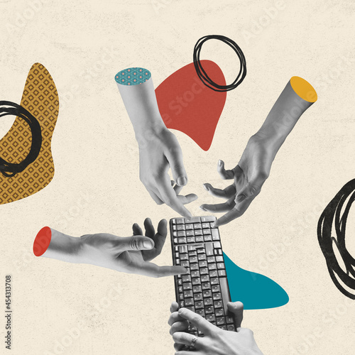 Contemporary art collage with human hands in a surreal style. Concept of communication