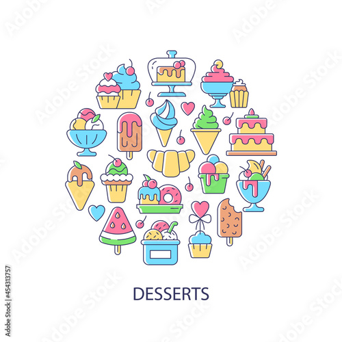 Desserts abstract color concept layout with headline. Sweets collection creative idea. Cafeteria buffet. Patisserie products. Cafe menu. Isolated vector filled contour icons for web background
