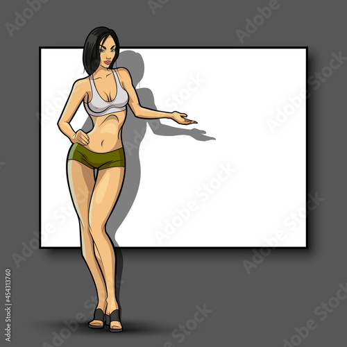 Slim girl on the background of an empty banner. Sexy woman in front of school board. Elegant lady on the background of pure advertising poster