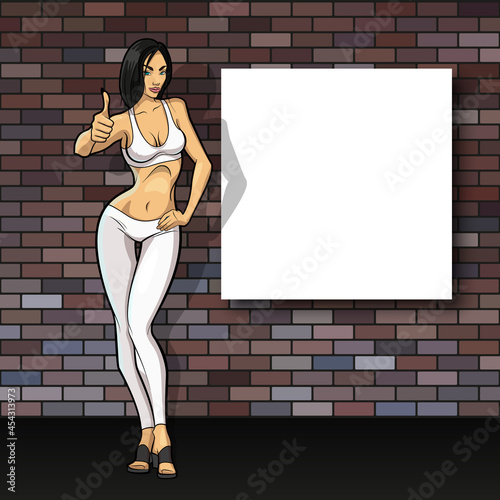 Slim girl on the background of an empty banner. Sexy woman in front of school board. Elegant lady on the background of pure advertising poster