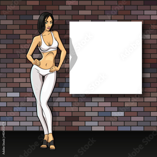 Slim girl on the background of an empty banner. Sexy woman in front of school board. Elegant lady on the background of pure advertising poster
