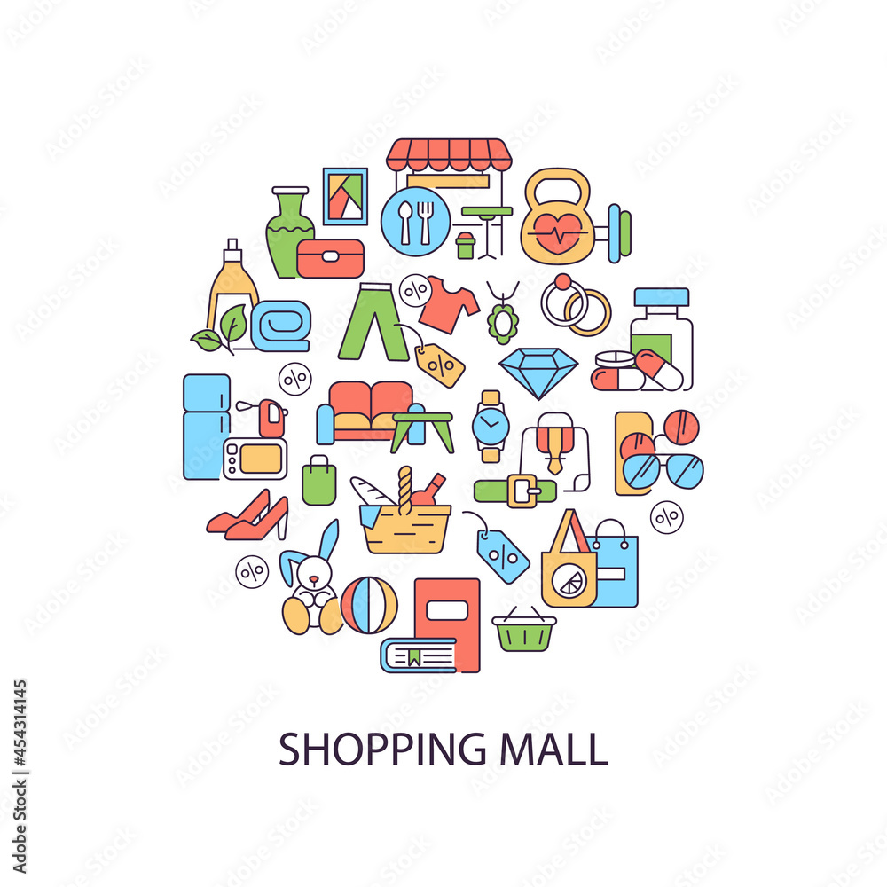Shopping mall abstract color concept layout with headline. Clothing and items. Mall categories of purchases. Store products creative idea. Isolated vector filled contour icons for web background