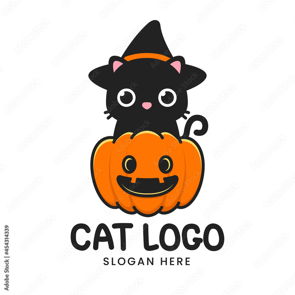 cute halloween cat in pumpkin logo
