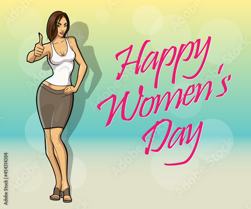 Slim girl on the background "Happy Women's Day" banner. Sexy woman in front of abstract board banner. Elegant lady on the background Happy Women's Day poster. Advertising discount sale poster