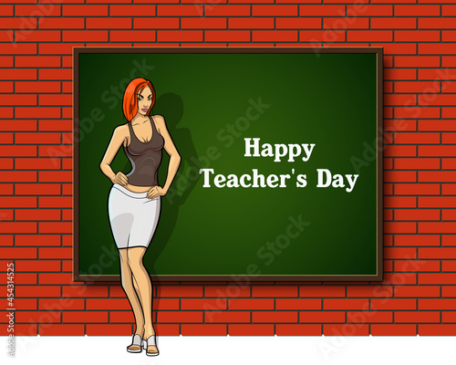 Happy Teacher's Day. Kind woman teacher stands blackboard. Teacher greeting card World teacher's day concept school student girl learning education graphic freehand illustration icon black chalkboard
