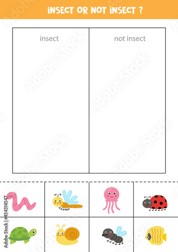 Sort cards into categories. Insects or not insects. Logical game for children.