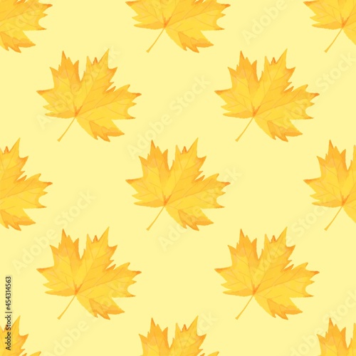 Seamless Maple Leaves Pattern on Yellow Background: Symbol of Autumn and Canada