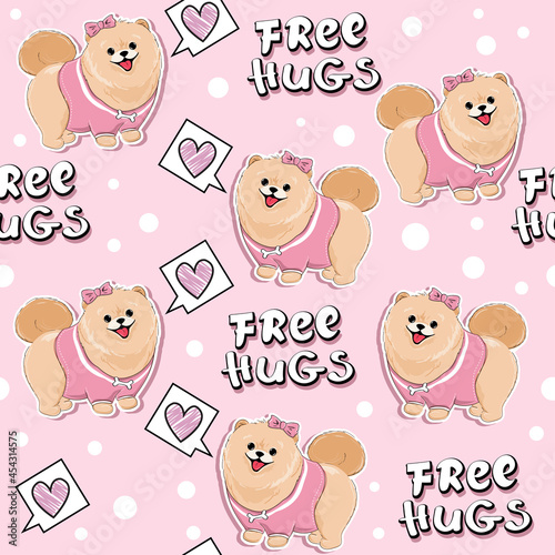 Cute sticker spitz dog girl and lettering free hugs on a pink background seamless pattern. Vector cartoon illustration. Birthday card