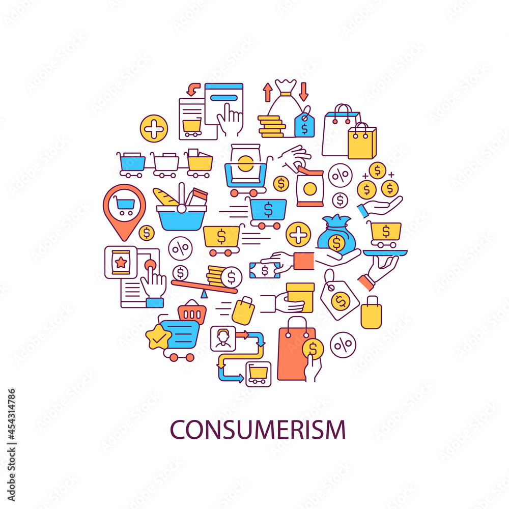 Consumerism abstract color concept layout with headline. Sell goods. Special offers for shopping. Promotional deal. Commerce creative idea. Isolated vector filled contour icons for web background