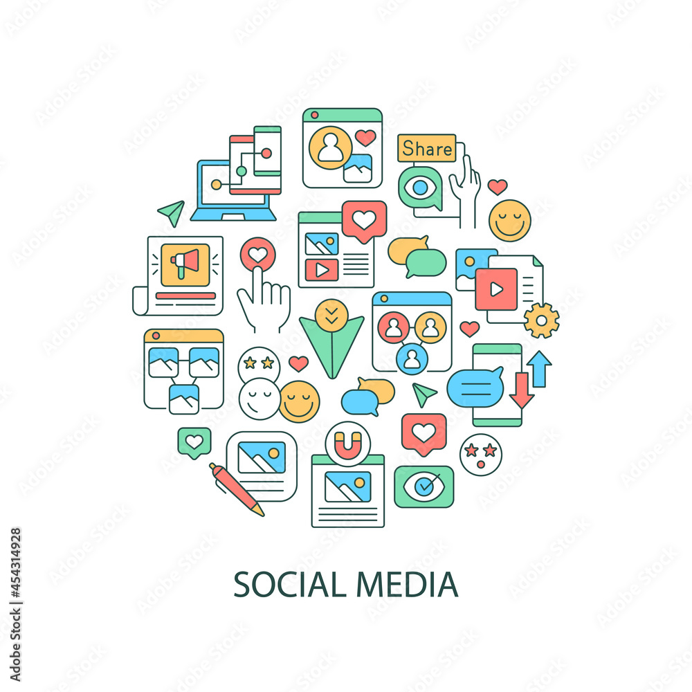 Social media abstract color concept layout with headline. Sharing, liking posts on internet. Digital blog. Online communication creative idea. Isolated vector filled contour icons for web background
