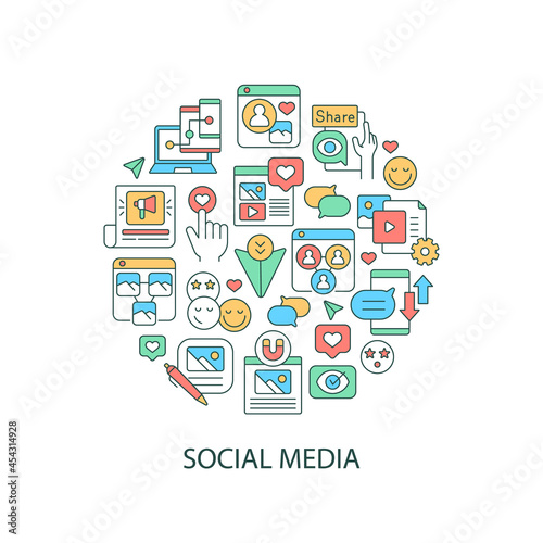 Social media abstract color concept layout with headline. Sharing, liking posts on internet. Digital blog. Online communication creative idea. Isolated vector filled contour icons for web background