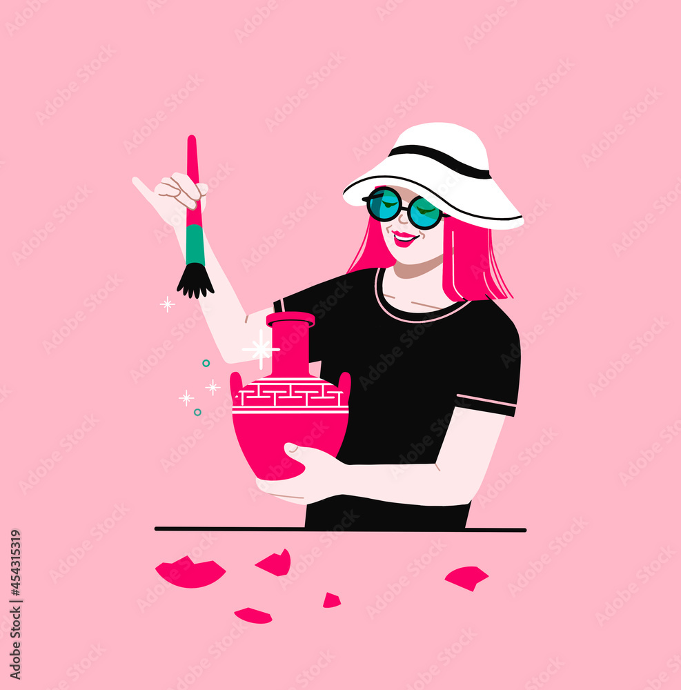 Archeologist dusting ancient vase. Smiling professional woman with antique archeological finding from field digging. Archeologist dusting ancient vase. Smiling professional woman with antique archeological finding from field digging.