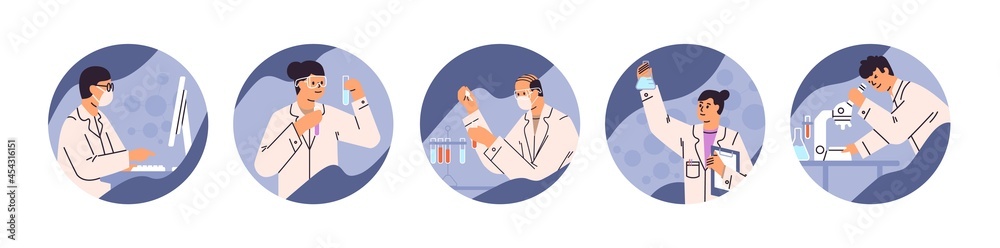 Scientists during medical lab research set. Doctors, experts, and researchers testing vaccines in scientific laboratories. Scenes with science workers conducting experiments. Flat vector illustrations