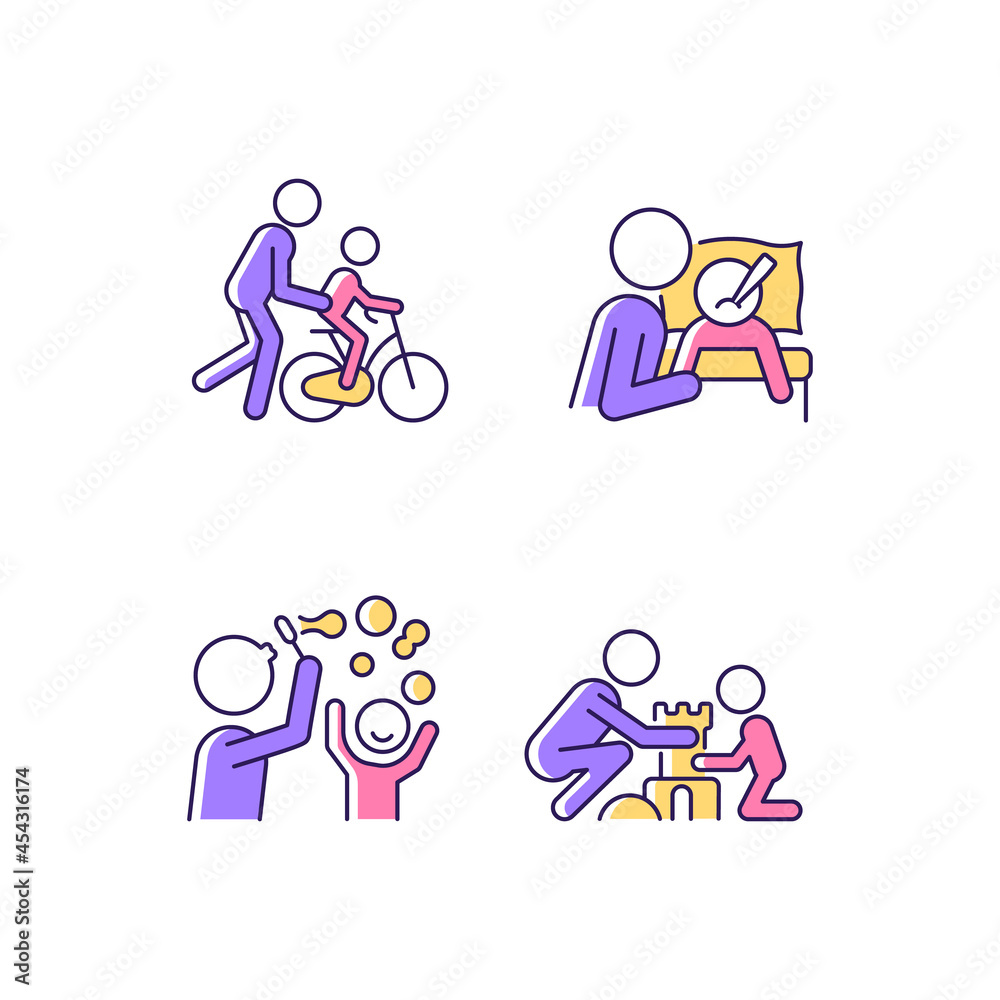 Good parenting RGB color icons set. Learning to ride bike. Coping with kid sickness. Blow bubbles together. Making sandcastles. Isolated vector illustrations. Simple filled line drawings collection