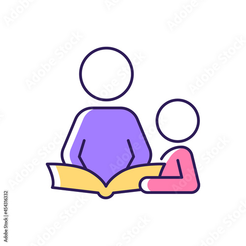 Reading book with child RGB color icon. Spending time together. Cognitive development. Storytelling with kid. Develop child imagination. Isolated vector illustration. Simple filled line drawing