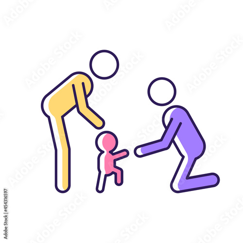 Teaching toddler to walk RGB color icon. Baby first steps. Parental actively encouragement. Child motor development. Bonding activity. Isolated vector illustration. Simple filled line drawing