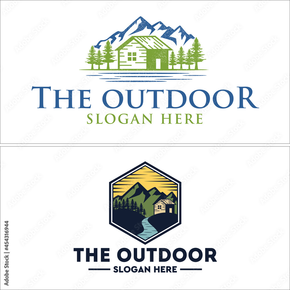 Resort cabin villa mountain recreation forest logo design