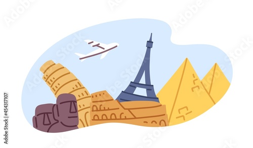 Plane traveling over different famous landmarks. Tourism and excursions concept. Holiday journey by airplane. Aircraft over buildings, monuments. Flat vector illustration isolated on white background
