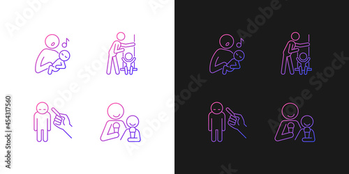 Child care gradient icons set for dark and light mode. Singing to baby. Playing on swings. Thin line contour symbols bundle. Isolated vector outline illustrations collection on black and white