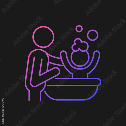 Bathing child gradient vector icon for dark theme. Providing secure feeling. Skin-to-skin contact. Bathtime bond. Thin line color symbol. Modern style pictogram. Vector isolated outline drawing
