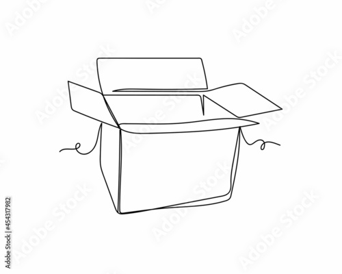 Continuous one line drawing of open cardboard box icon in silhouette on a white background. Linear stylized.