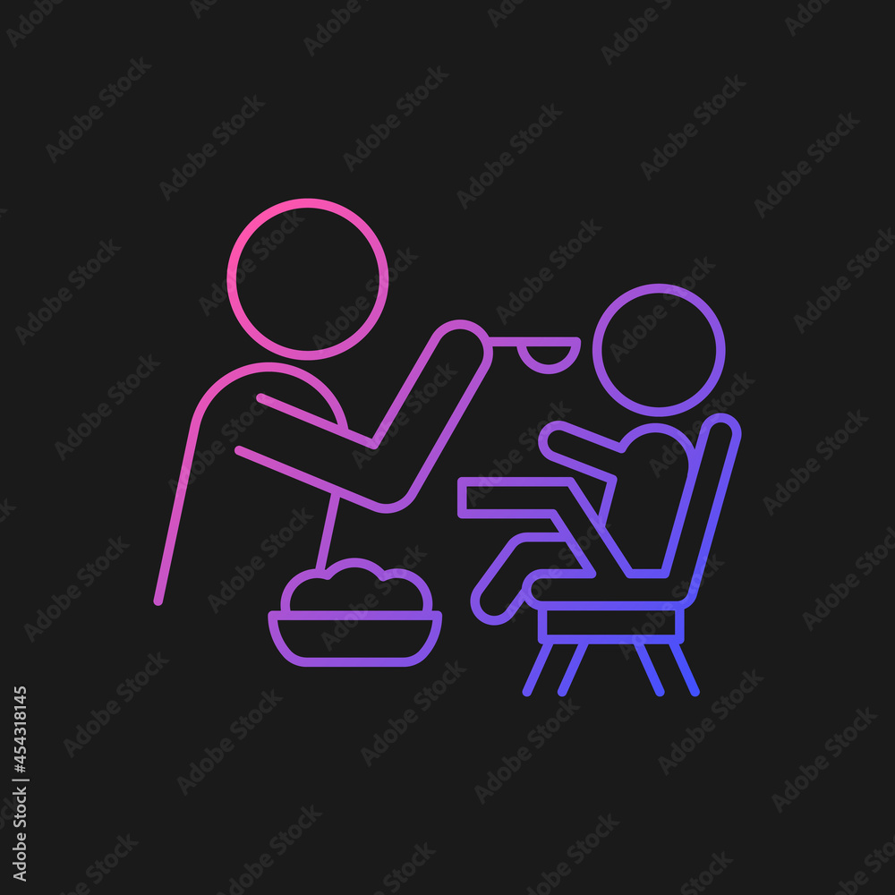 Feeding in highchair gradient vector icon for dark theme. Helping baby eating. Bonding with child during mealtime. Thin line color symbol. Modern style pictogram. Vector isolated outline drawing Feeding in highchair gradient vector icon for dark theme. Helping baby eating. Bonding with child during mealtime. Thin line color symbol. Modern style pictogram. Vector isolated outline drawing