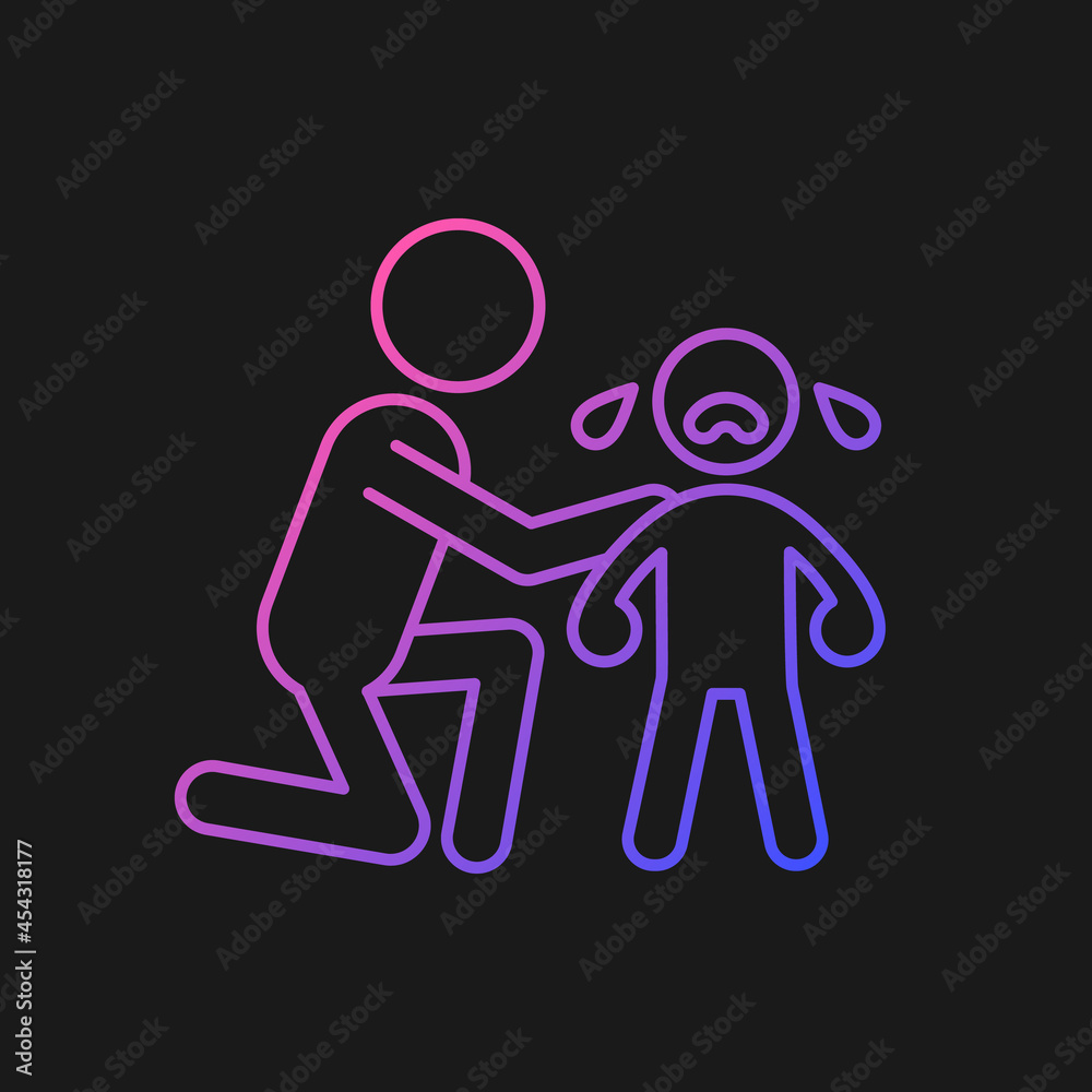 Comforting crying child gradient vector icon for dark theme. Cuddling and softly talking to kid. Showing empathy. Thin line color symbol. Modern style pictogram. Vector isolated outline drawing Comforting crying child gradient vector icon for dark theme. Cuddling and softly talking to kid. Showing empathy. Thin line color symbol. Modern style pictogram. Vector isolated outline drawing