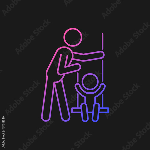 Playing on swings gradient vector icon for dark theme. Outdoor play with child. Motor skills development. Thin line color symbol. Modern style pictogram. Vector isolated outline drawing